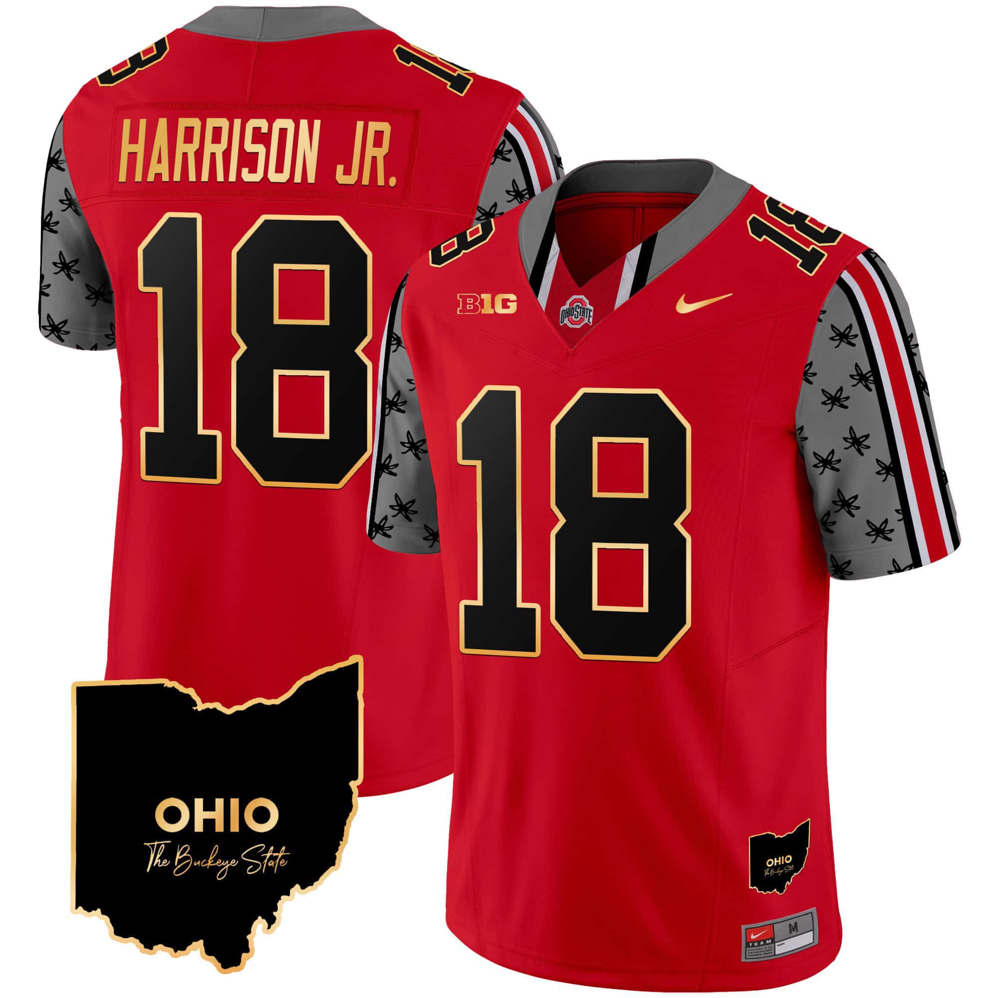 Men Ohio State Buckeyes #18 Harrison jr Red 2024 Nike Home Patch Gold Trim Vapor Limited NCAA Jersey